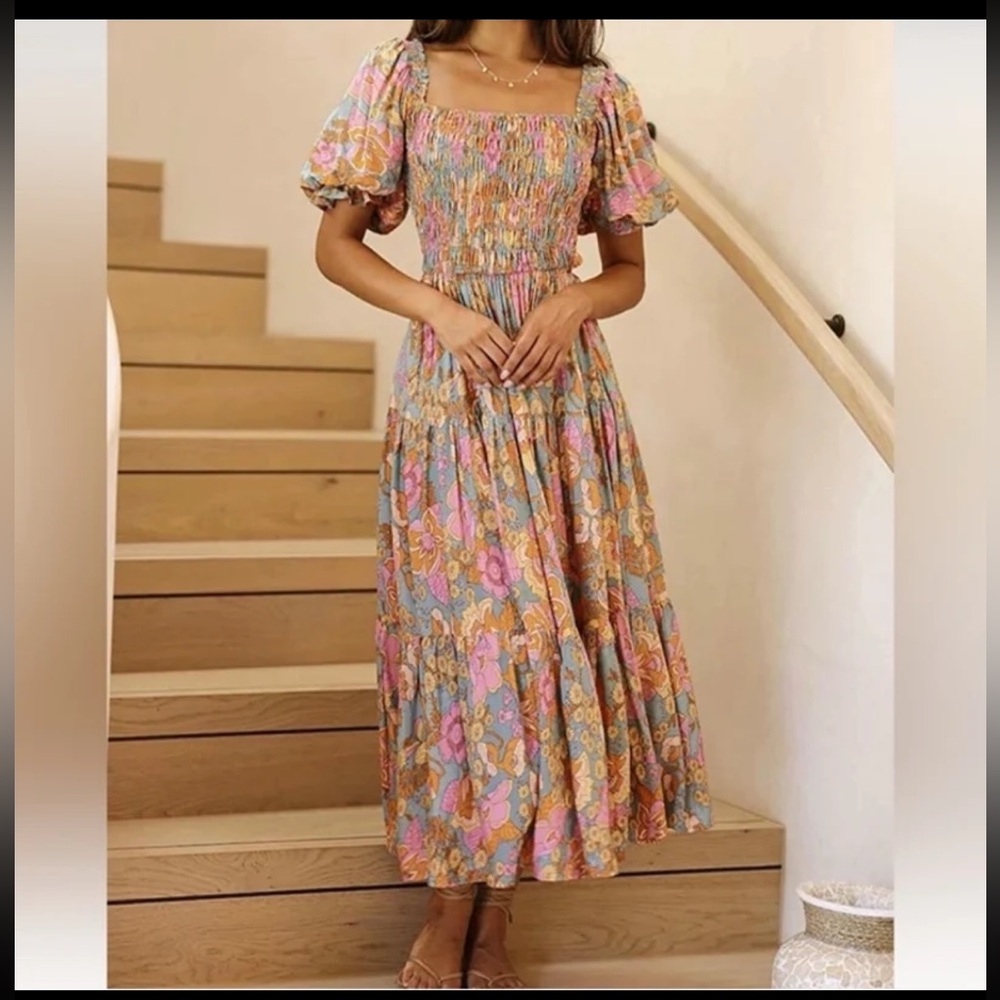 NWT Boho Floral Print Square Neck Ruffle Swing Beach Long Maxi Dress